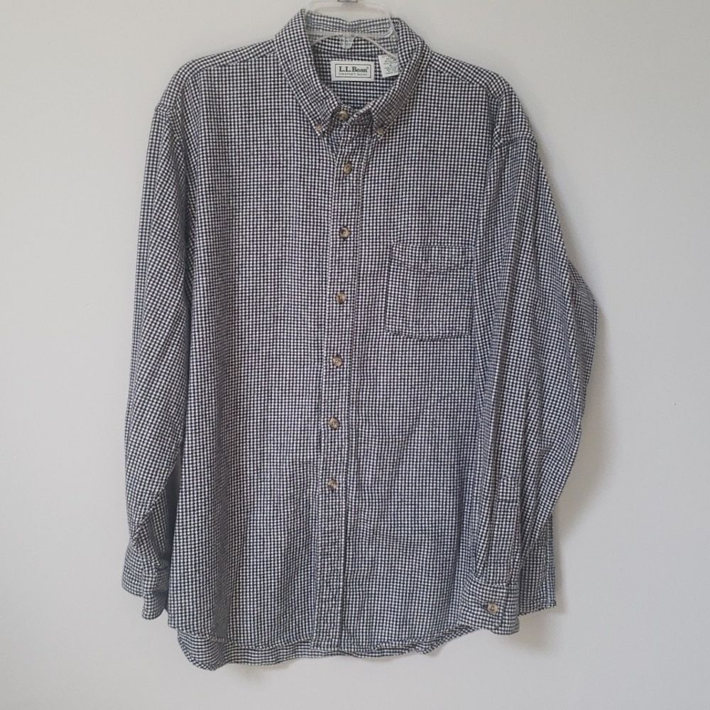 L.L. Bean Shirt Mens XL Black and White Gingham MiniCheck Flannel Cabincore